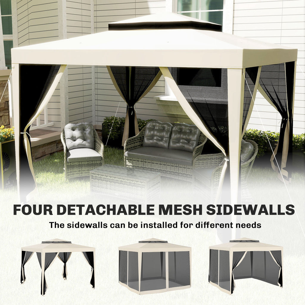 10' x 10' Canopy Tent with Mesh Netting and Double-Tier Roof, Beige