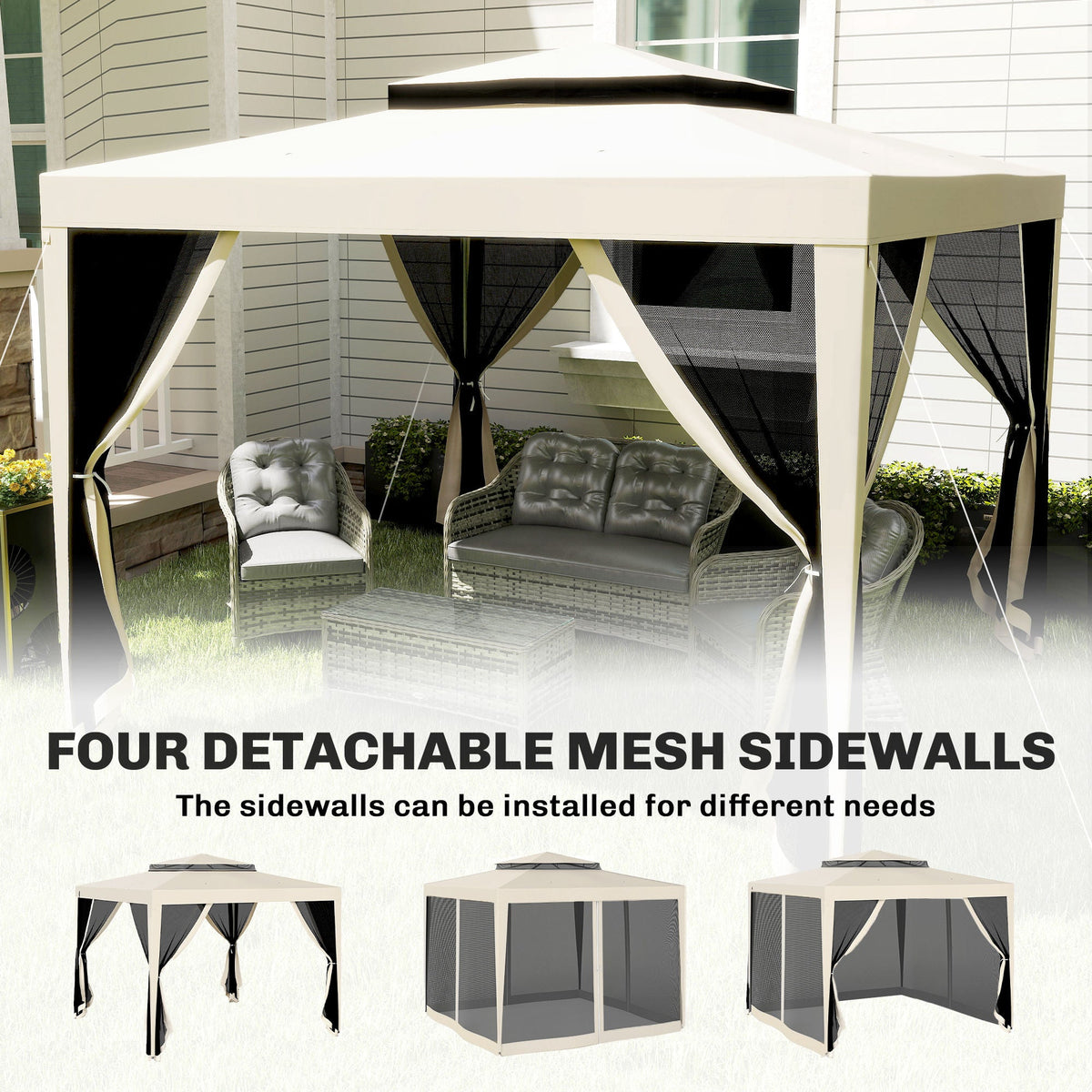 10' x 10' Canopy Tent with Mesh Netting and Double-Tier Roof, Beige
