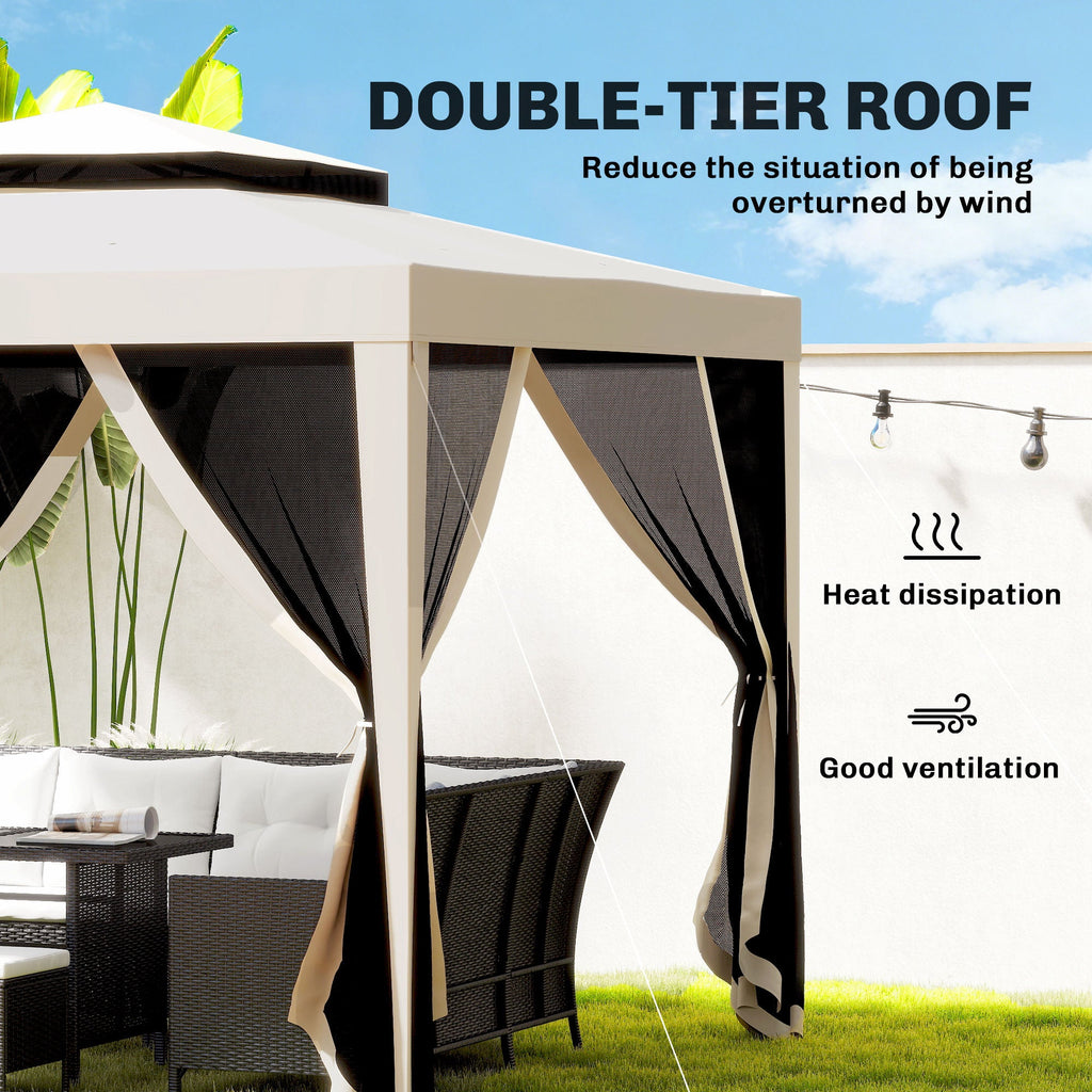10' x 10' Canopy Tent with Mesh Netting and Double-Tier Roof, Beige
