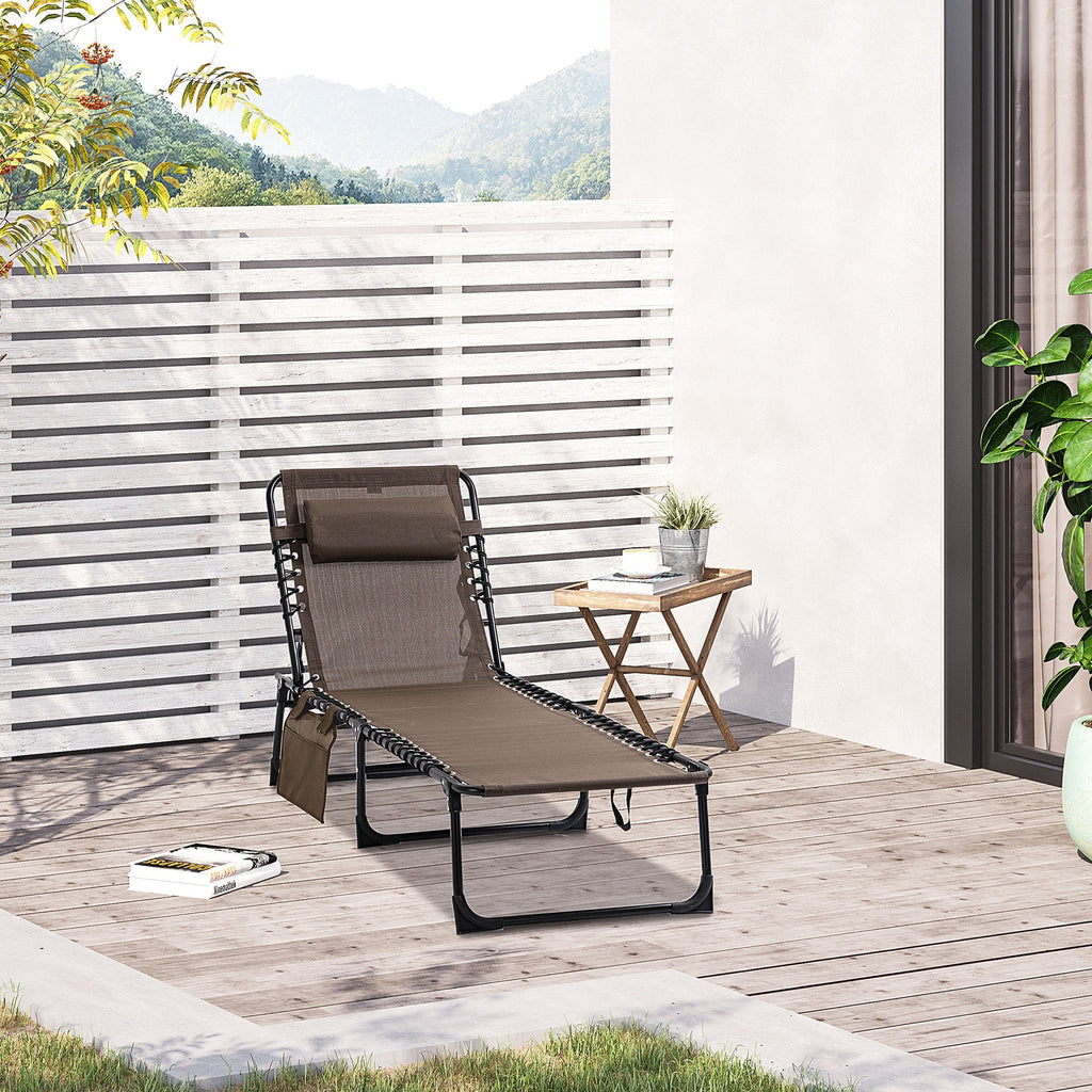 Folding Lounge Chair with Adjustable Backrest and Pillow, Brown