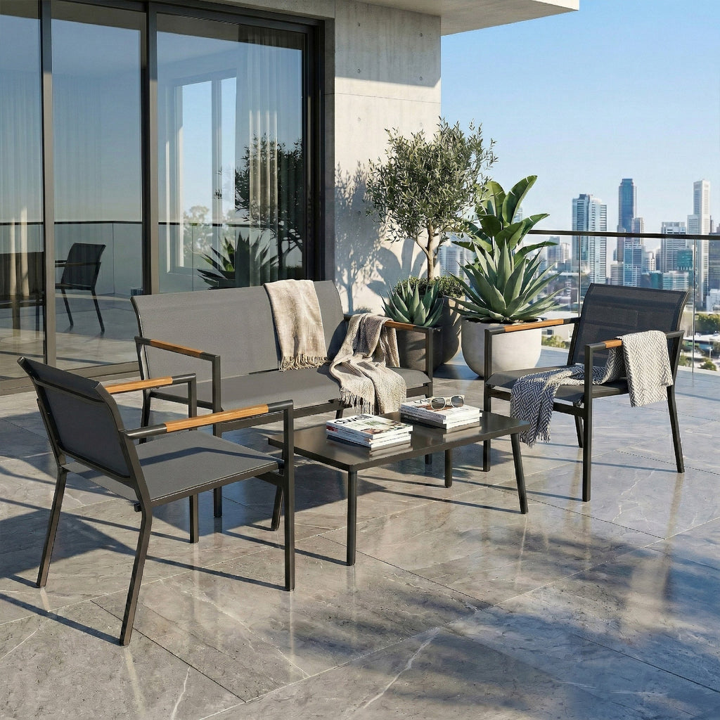 4-Seater Outdoor Sofa Set with Loveseat, 2 Armchairs & Metal Table, Mesh, Grey