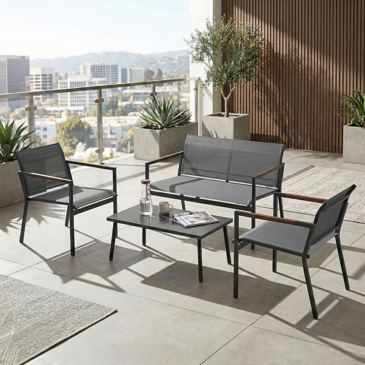 4-Seater Outdoor Sofa Set with Loveseat, 2 Armchairs & Metal Table, Mesh, Grey