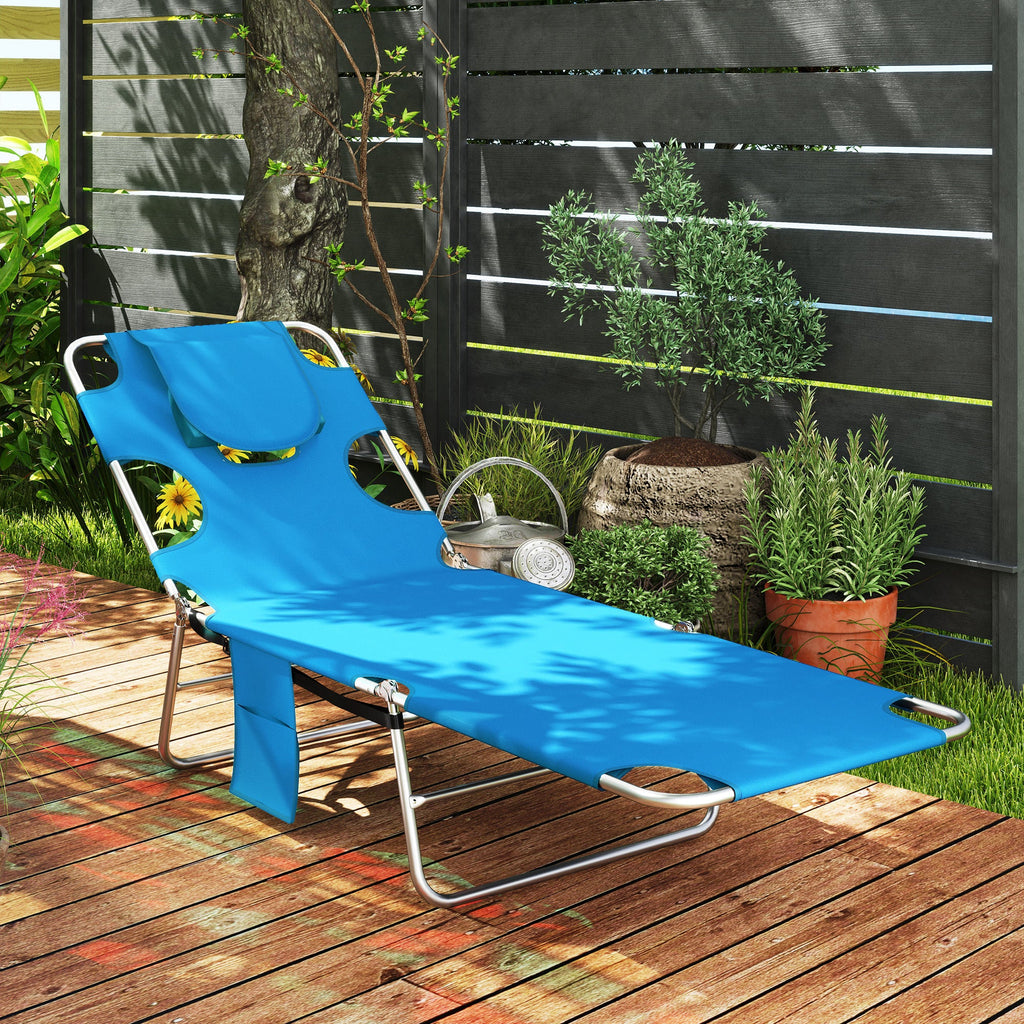 Folding Lounge Chair with Face Hole, Side Pocket and Strap, Blue
