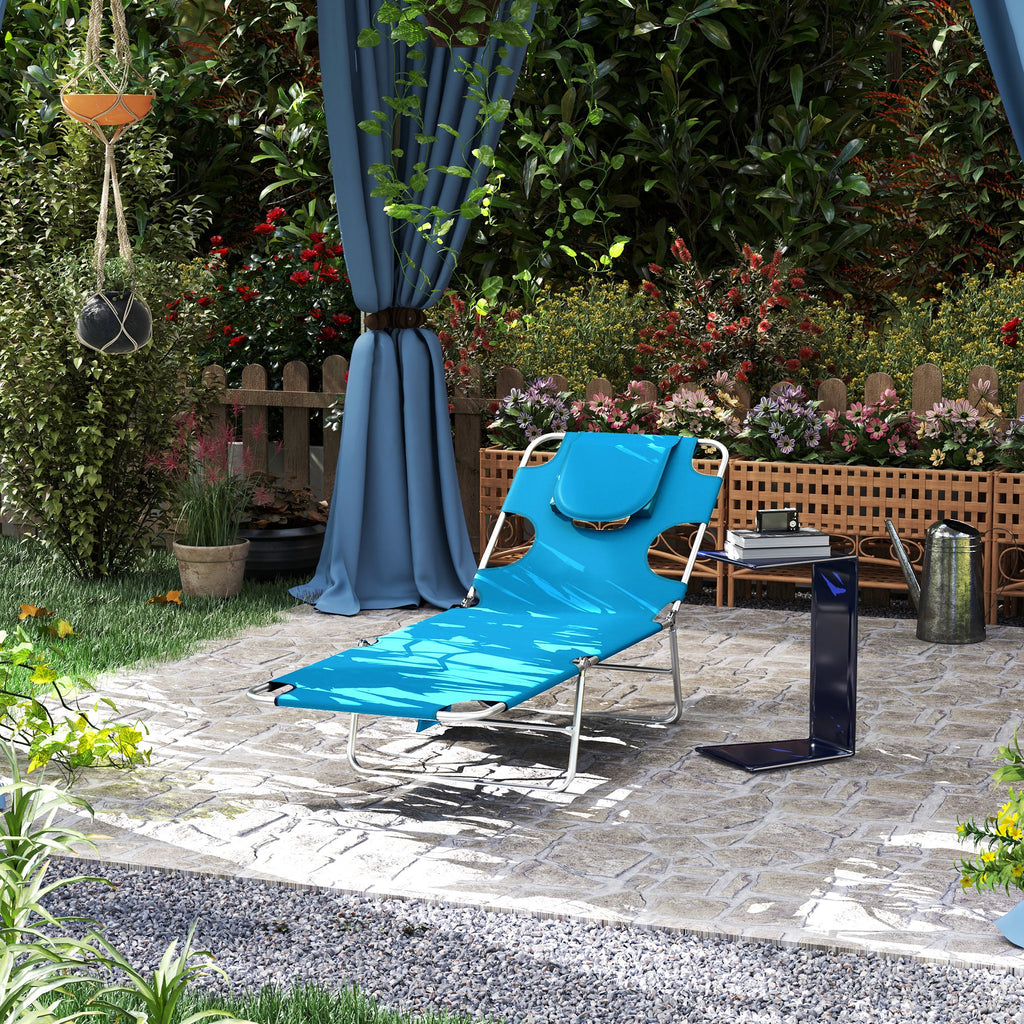 Folding Lounge Chair with Face Hole, Side Pocket and Strap, Blue