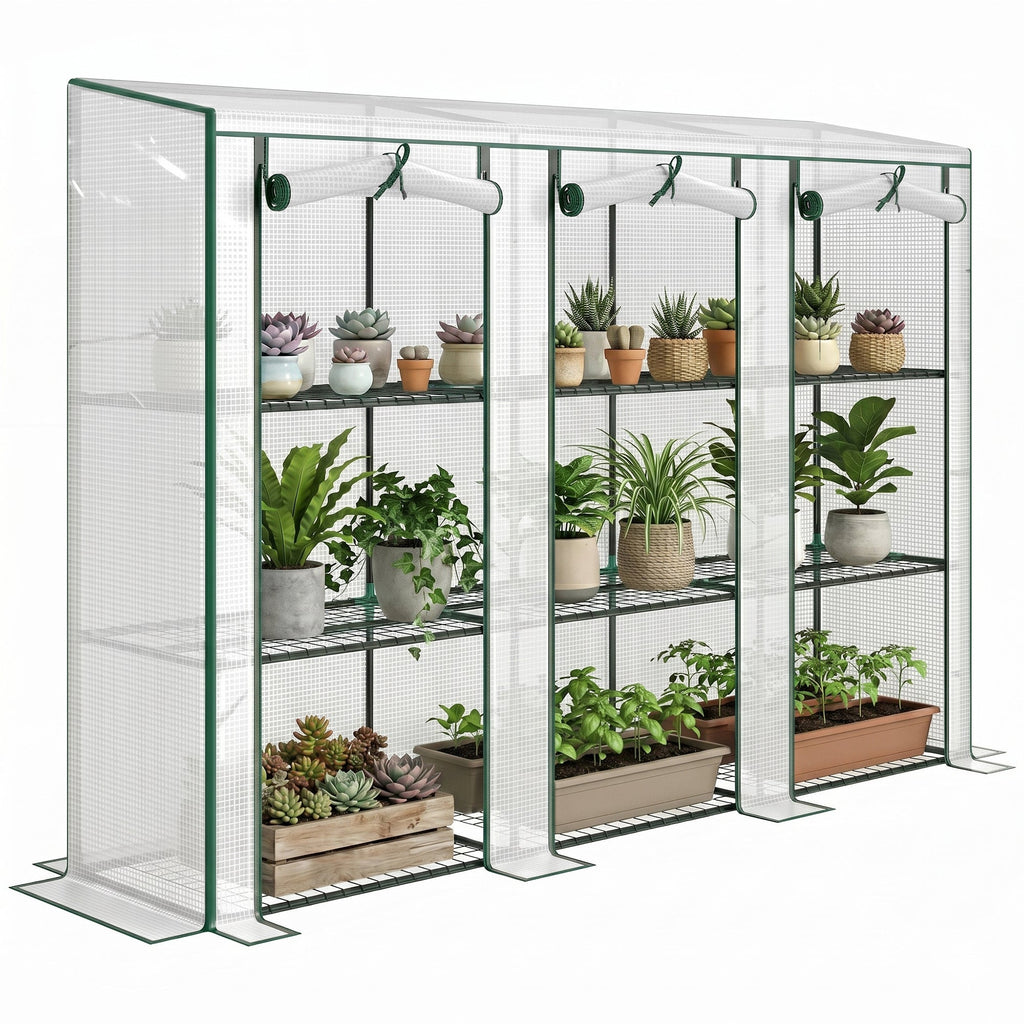 Lean-to Greenhouse 84.6" x 18.1" x 56.7" with 3 Shelves & 3 Rollup Doors, White