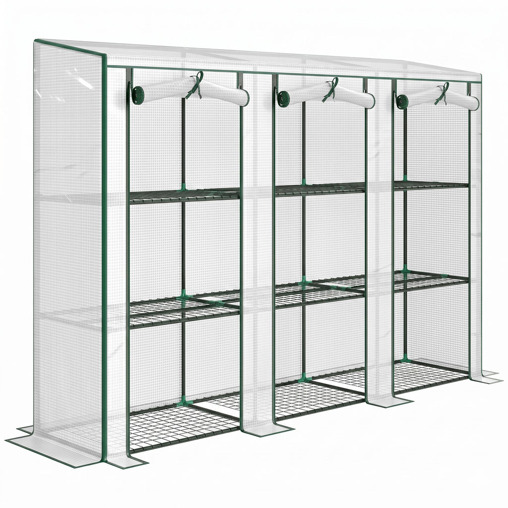 Lean-to Greenhouse 84.6" x 18.1" x 56.7" with 3 Shelves & 3 Rollup Doors, White