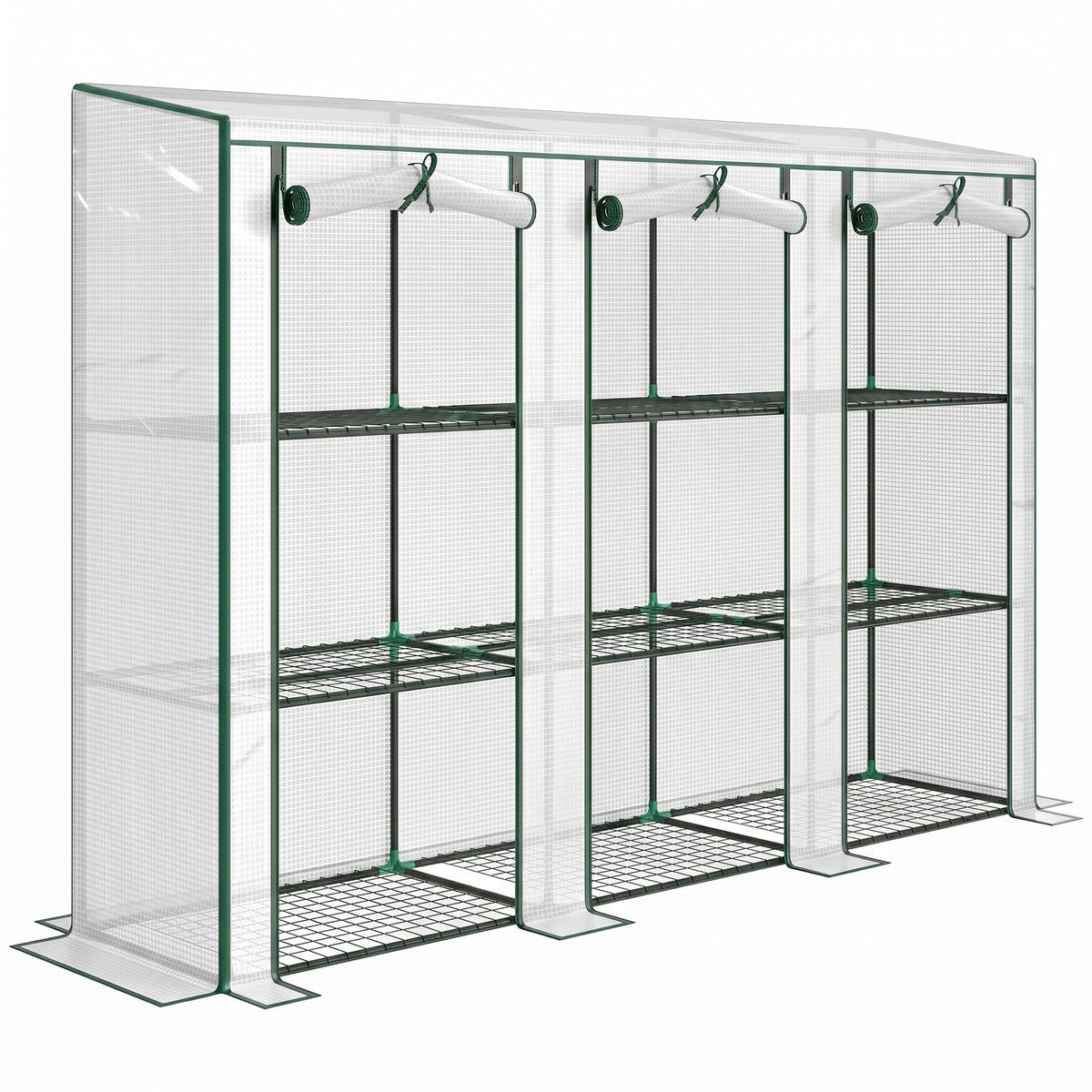 Lean-to Greenhouse 84.6" x 18.1" x 56.7" with 3 Shelves & 3 Rollup Doors, White