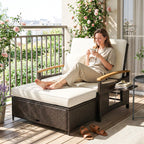 Rattan Daybed with Adjustable Backrest, Storage Ottoman, Beige