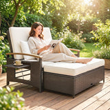 Rattan Daybed with Adjustable Backrest, Storage Ottoman, Beige