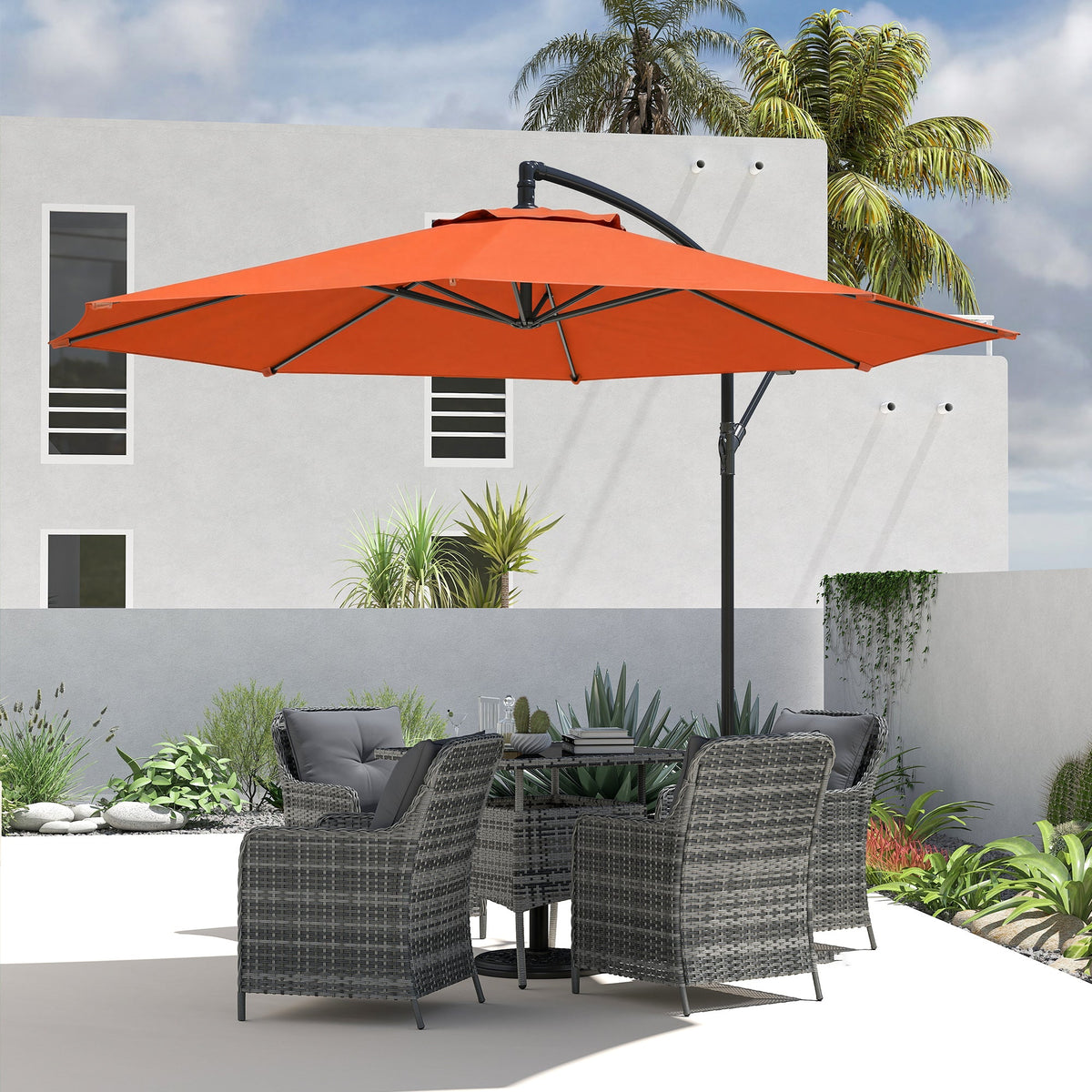 3 m Banana Parasol with Crank Handle, 8 Ribs & Cross Base, Orange