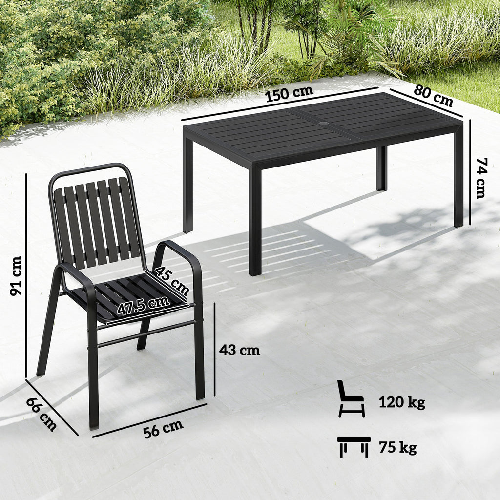 7 Piece Garden Dining Set with Stackable Chairs and Umbrella Hole, Black