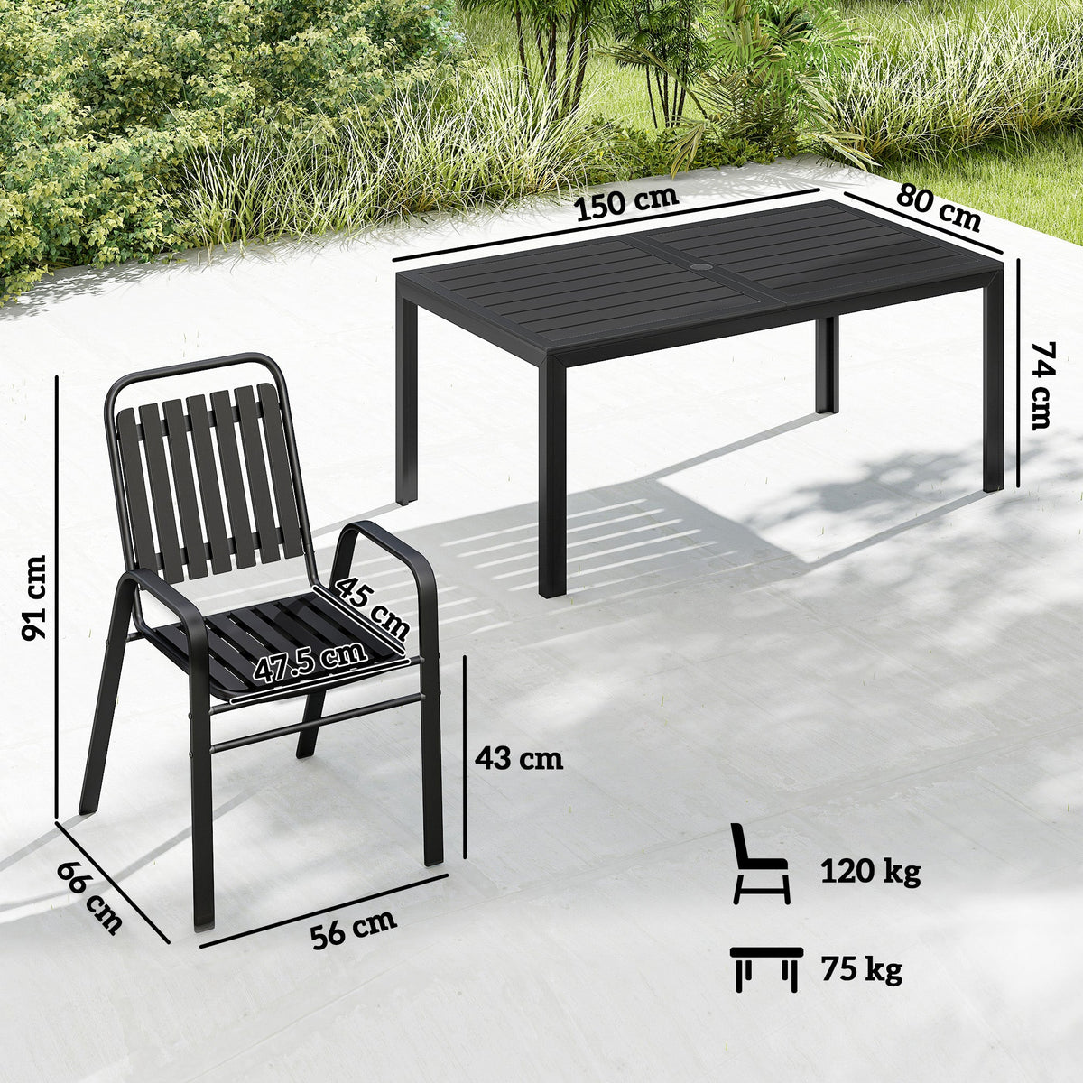 7 Piece Garden Dining Set with Stackable Chairs and Umbrella Hole, Black