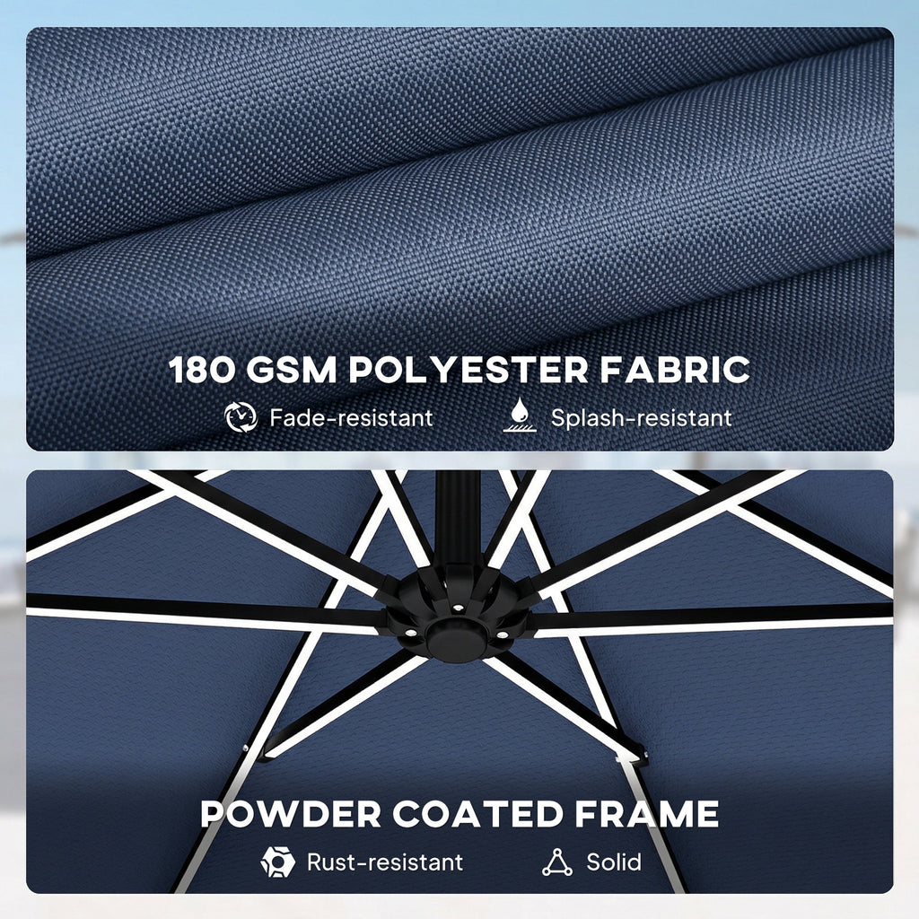 3 m Cantilever Parasol with Solar LED Light, Cover & 360° Rotation, Navy Blue