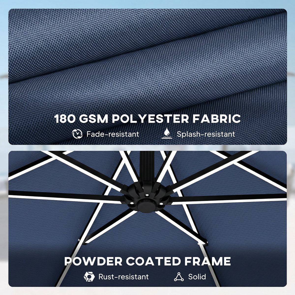 3 m Cantilever Parasol with Solar LED Light, Cover & 360° Rotation, Navy Blue