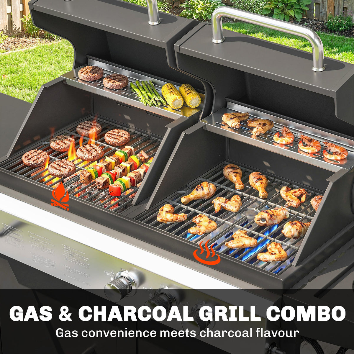 2+1 Burner Hybrid Dual Fuel BBQ Grill with Cabinet, Black