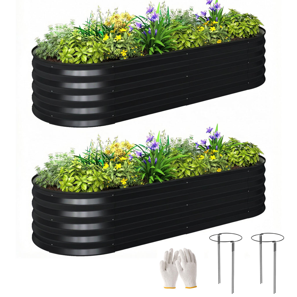 Set of 2 Galvanised Raised Beds with Stakes, 150 x 60 x 30 cm, Dark Grey