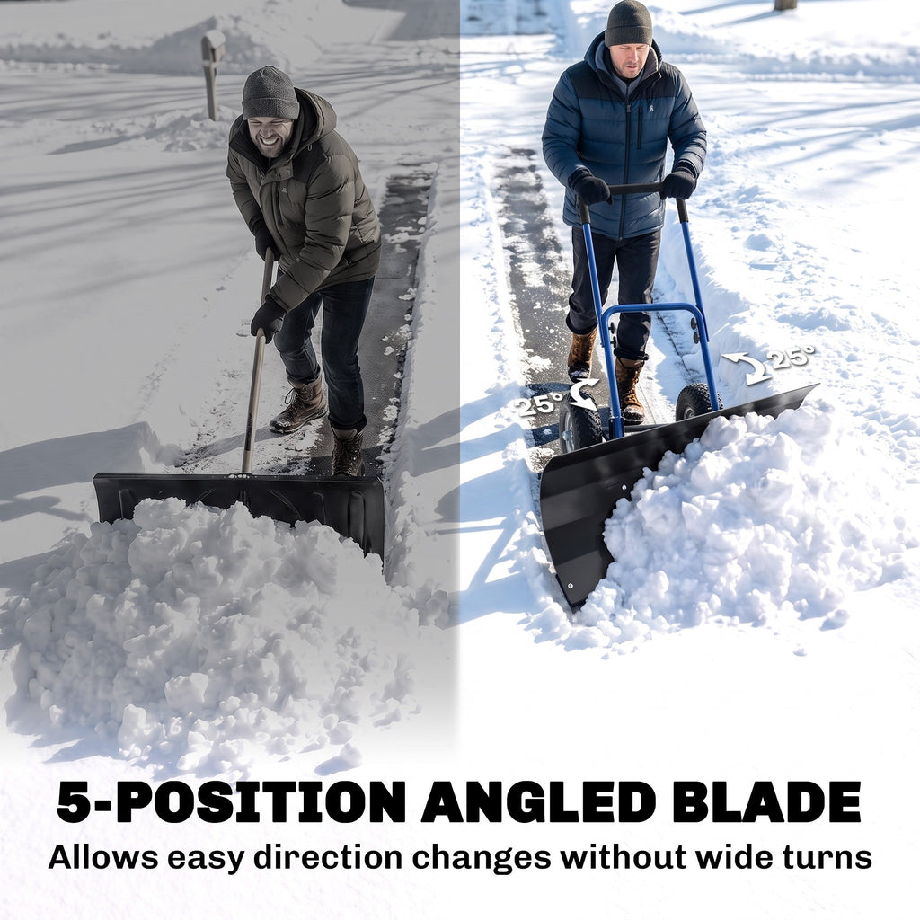 Heavy Duty Snow Pusher with Wheels, 29" x 16.5" Metal Blade, 5-Level Handle, Blue