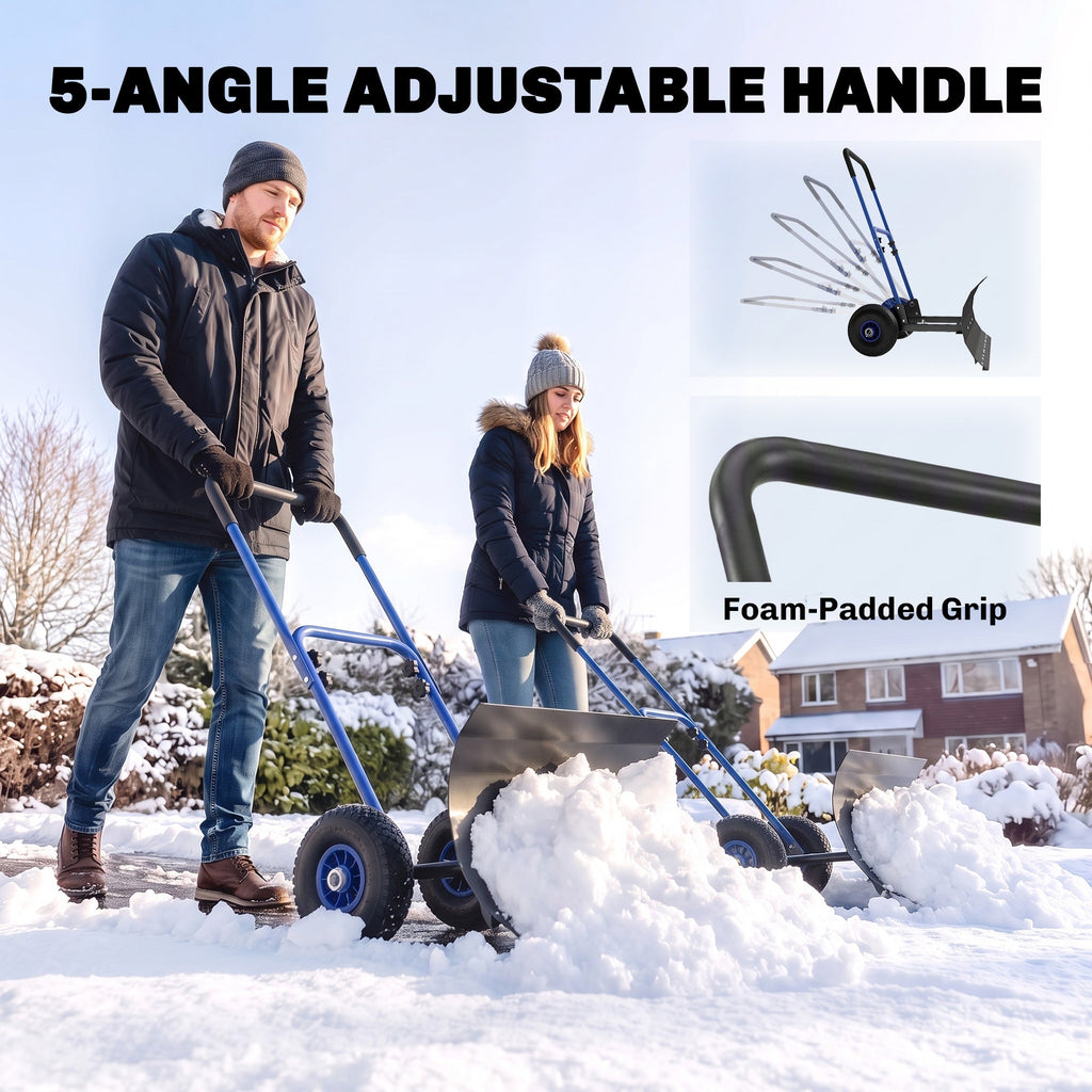 Heavy Duty Snow Pusher with Wheels, 29" x 16.5" Metal Blade, 5-Level Handle, Blue