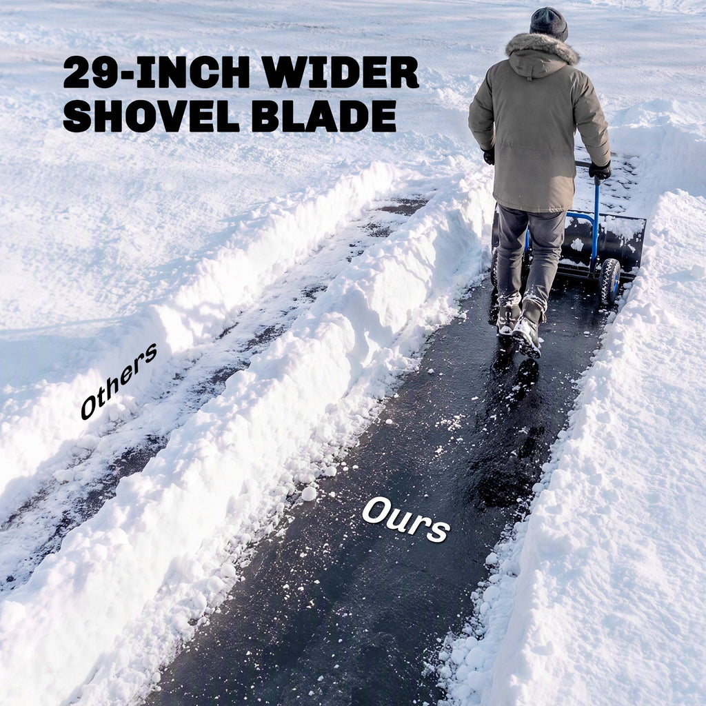 Heavy Duty Snow Pusher with Wheels, 29" x 16.5" Metal Blade, 5-Level Handle, Blue