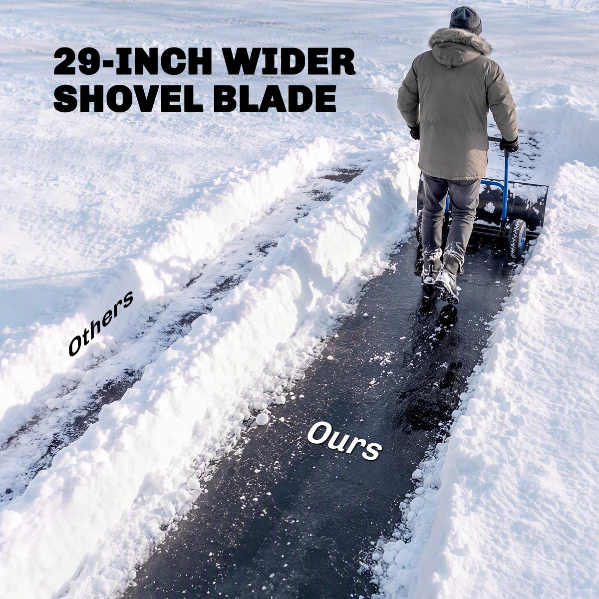 Heavy Duty Snow Pusher with Wheels, 29" x 16.5" Metal Blade, 5-Level Handle, Blue