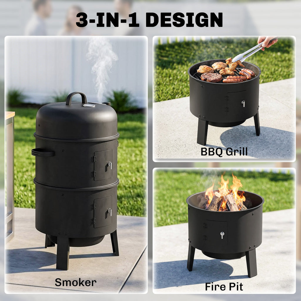 3-in-1 Vertical Charcoal Smoker with 2 Grill Grates