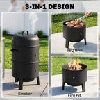 3-in-1 Vertical Charcoal Smoker with 2 Grill Grates