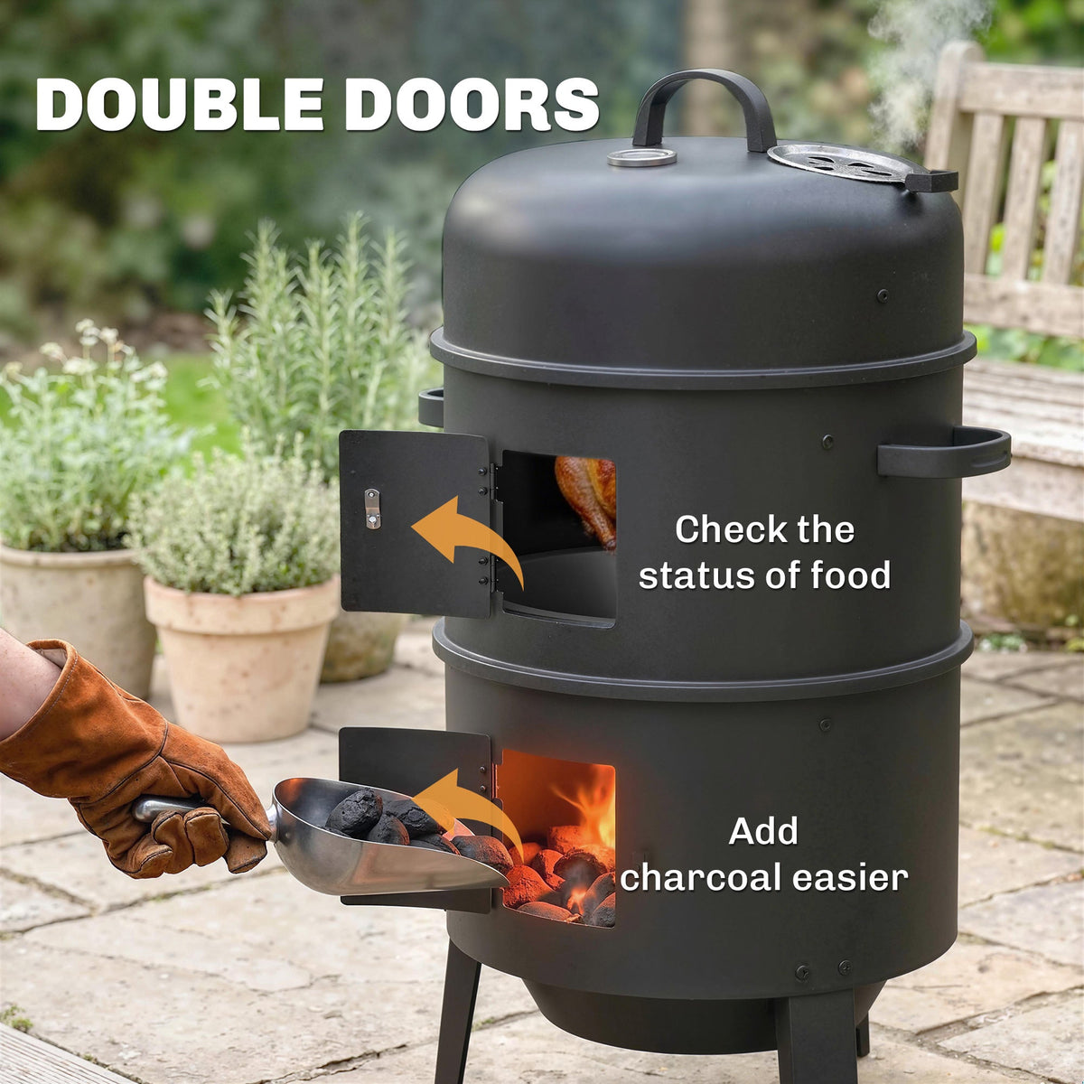 3-in-1 Vertical Charcoal Smoker with 2 Grill Grates