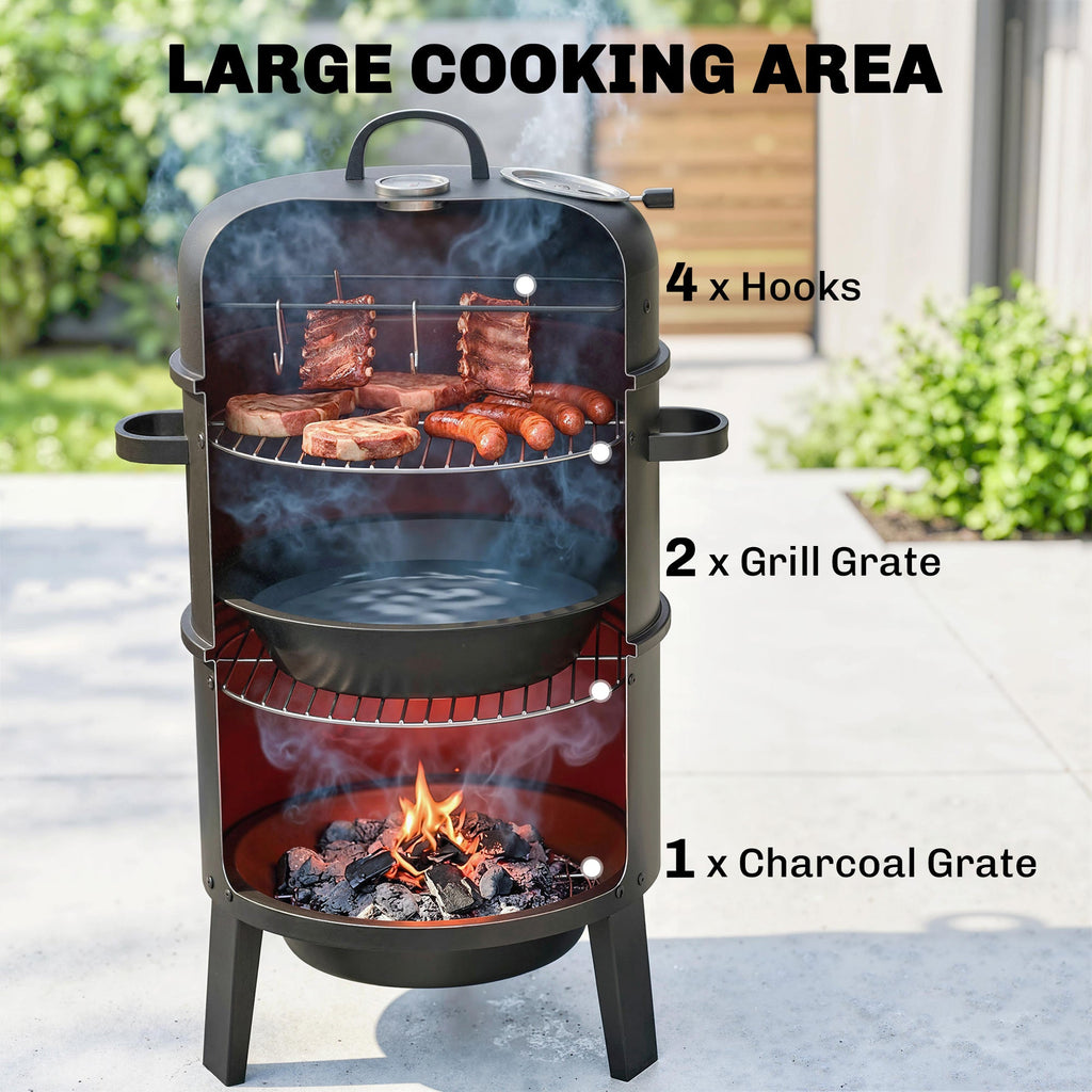 3-in-1 Vertical Charcoal Smoker with 2 Grill Grates