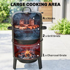 3-in-1 Vertical Charcoal Smoker with 2 Grill Grates