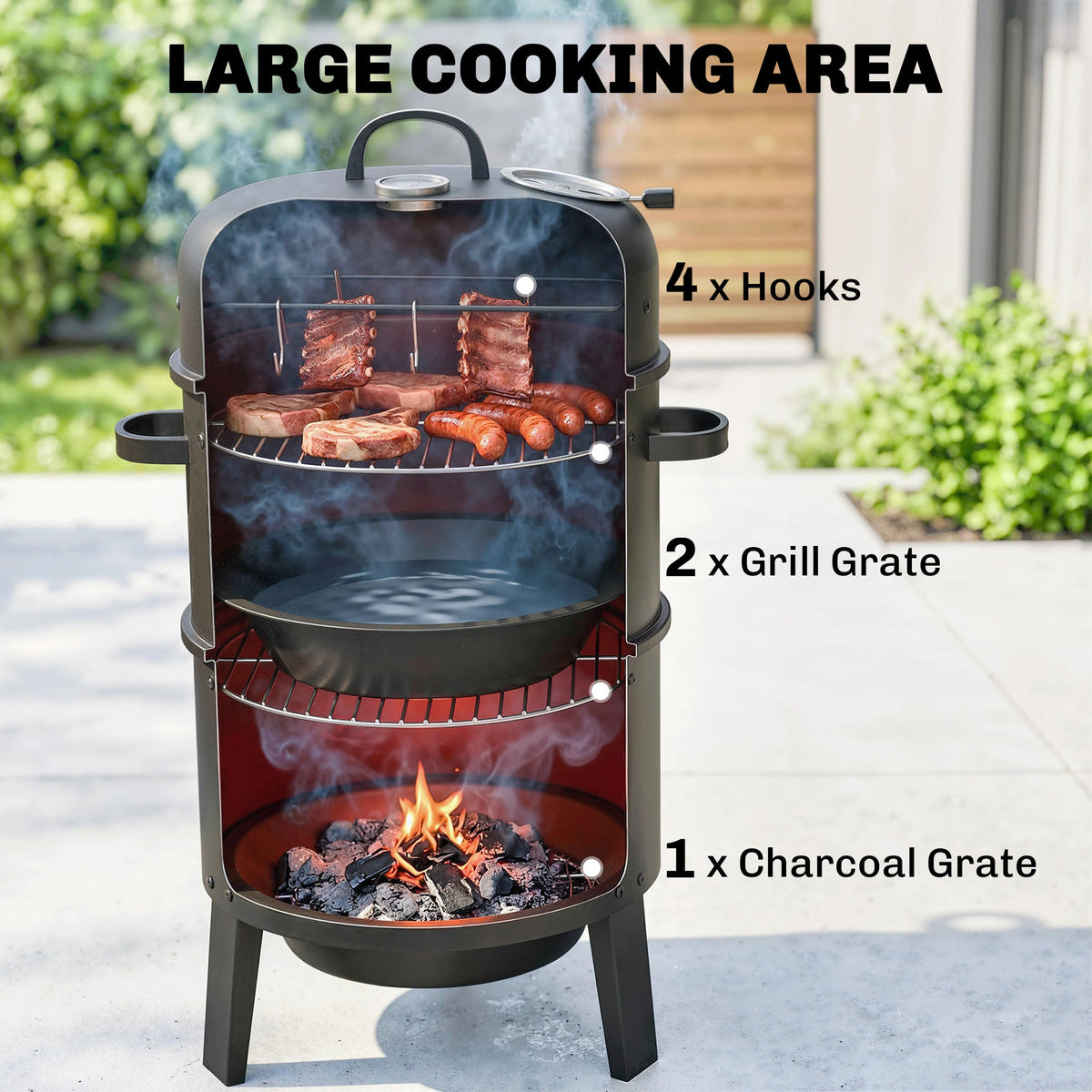 3-in-1 Vertical Charcoal Smoker with 2 Grill Grates