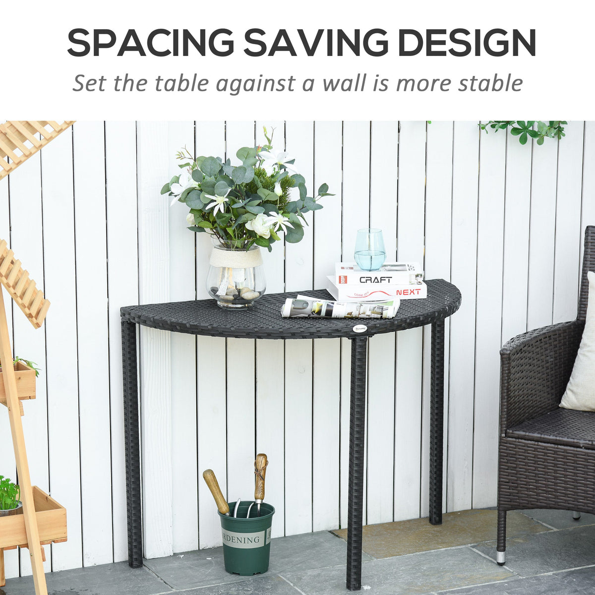 39.4" Half Round PE Rattan Side Table with Metal Frame, Black