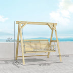 3 Seat Porch Swing with Stand and Side Tables, Natural Wood