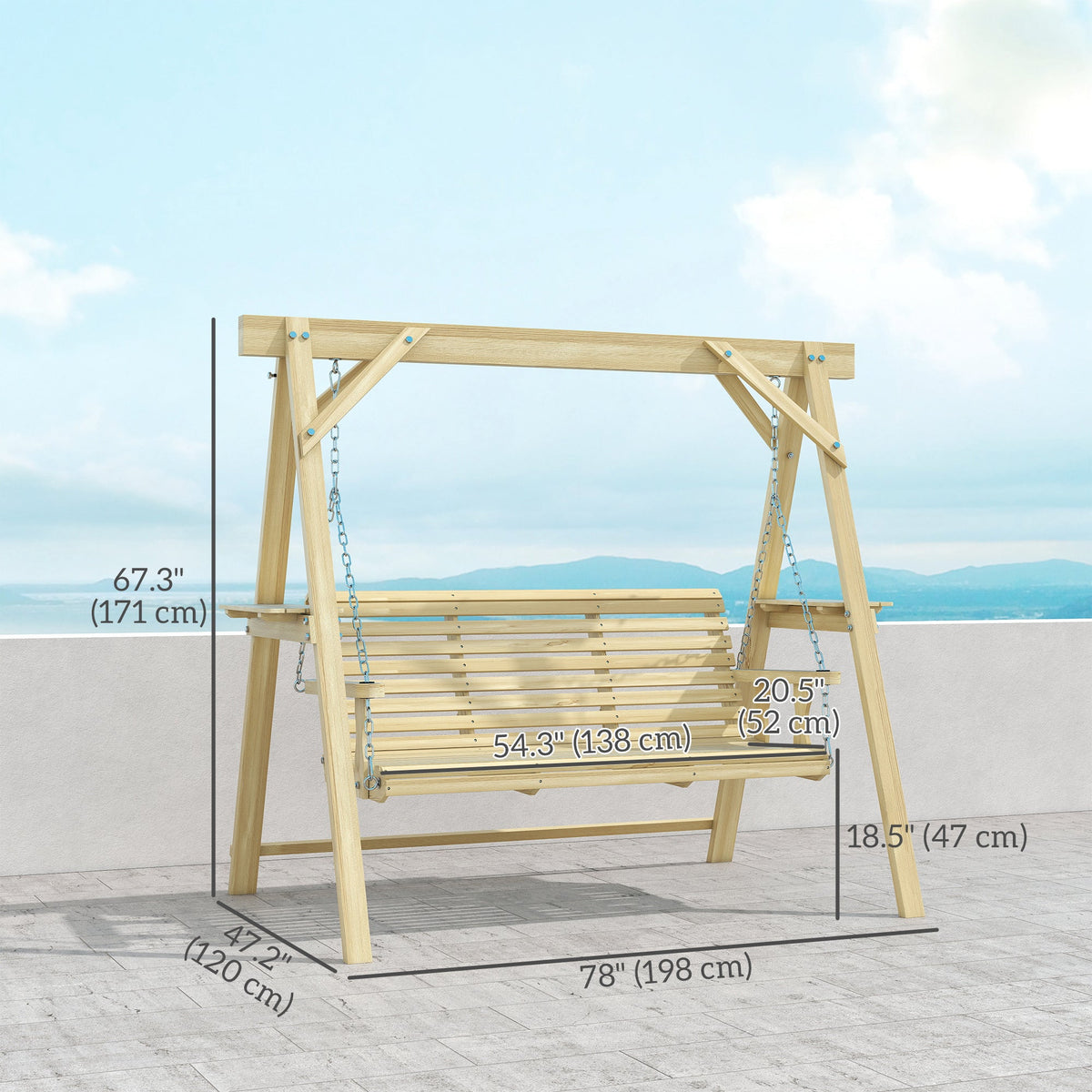 3 Seat Porch Swing with Stand and Side Tables, Natural Wood