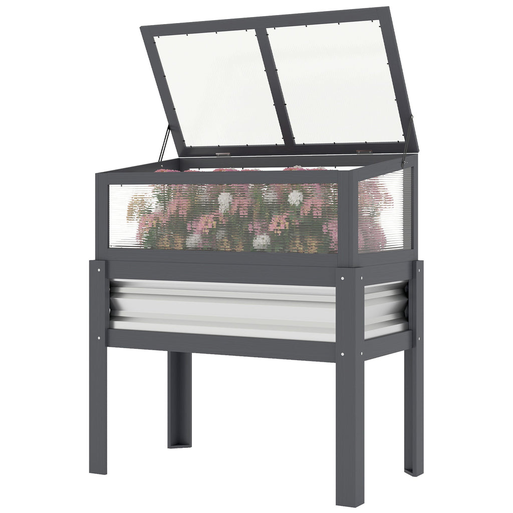 Raised Garden Bed with Flip-Up Greenhouse Top and Legs, Gray