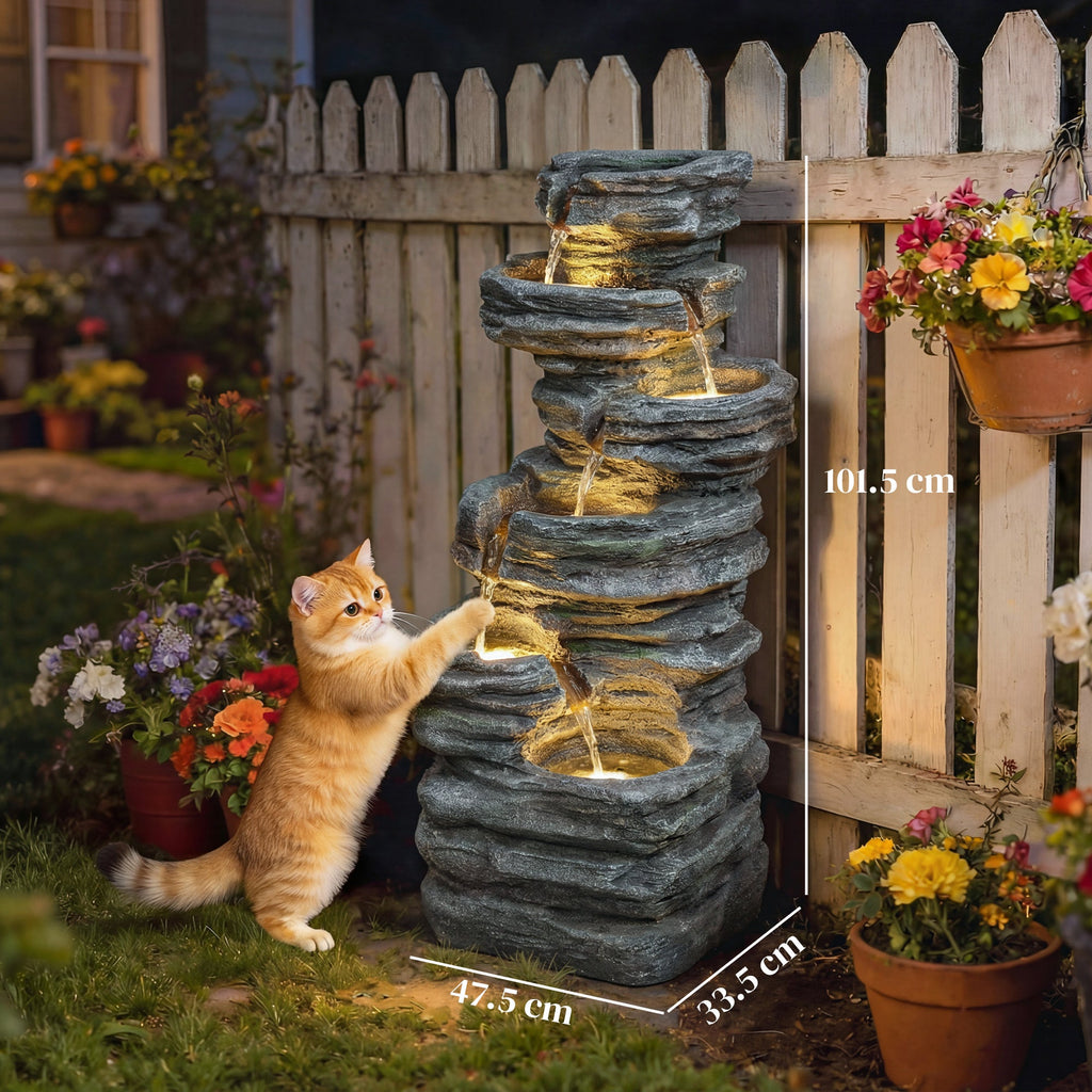 6-Tier Resin Rock Garden Fountain with Cascading Waterfall and LED Lights, Grey