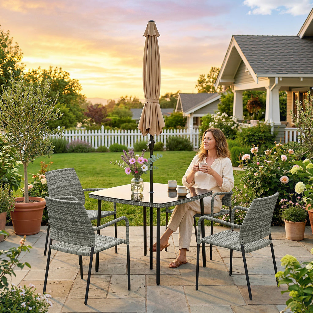4-Person Rattan Dining Set with Tempered Glass & Tilting Parasol, Light Grey