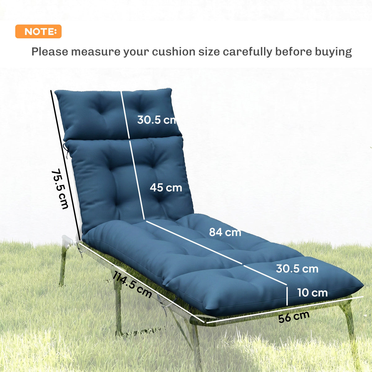 190x56x10cm Sun Lounger Cushions Set of 2 with 6 Ties, Thick 220gsm, Navy Blue