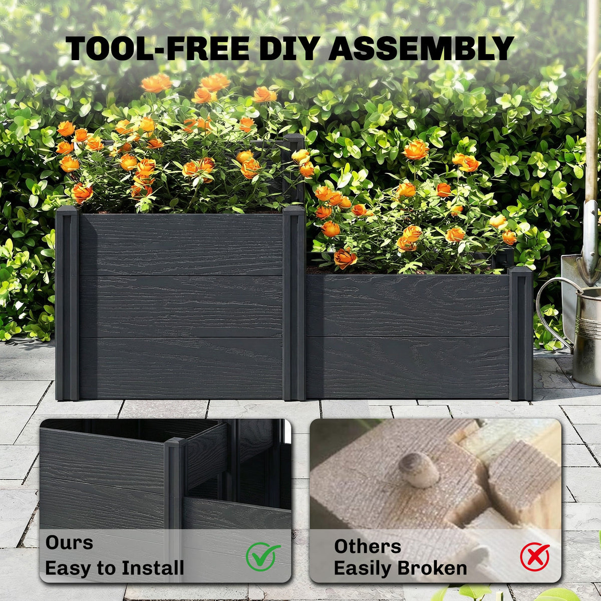 3-Tier Vinyl Raised Garden Bed with Open Bottom, Grey Wood Effect