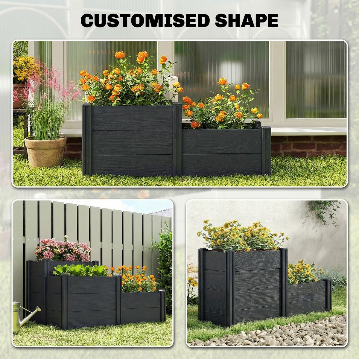 3-Tier Vinyl Raised Garden Bed with Open Bottom, Grey Wood Effect