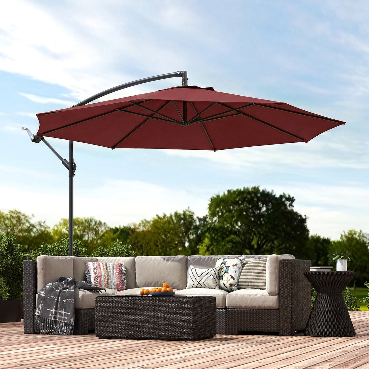 3 m Banana Parasol with Crank Handle, 8 Ribs & Cross Base, Wine Red