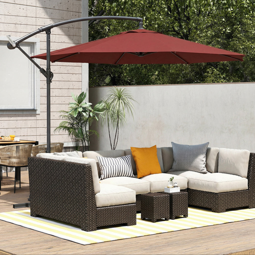 3 m Banana Parasol with Crank Handle, 8 Ribs & Cross Base, Wine Red