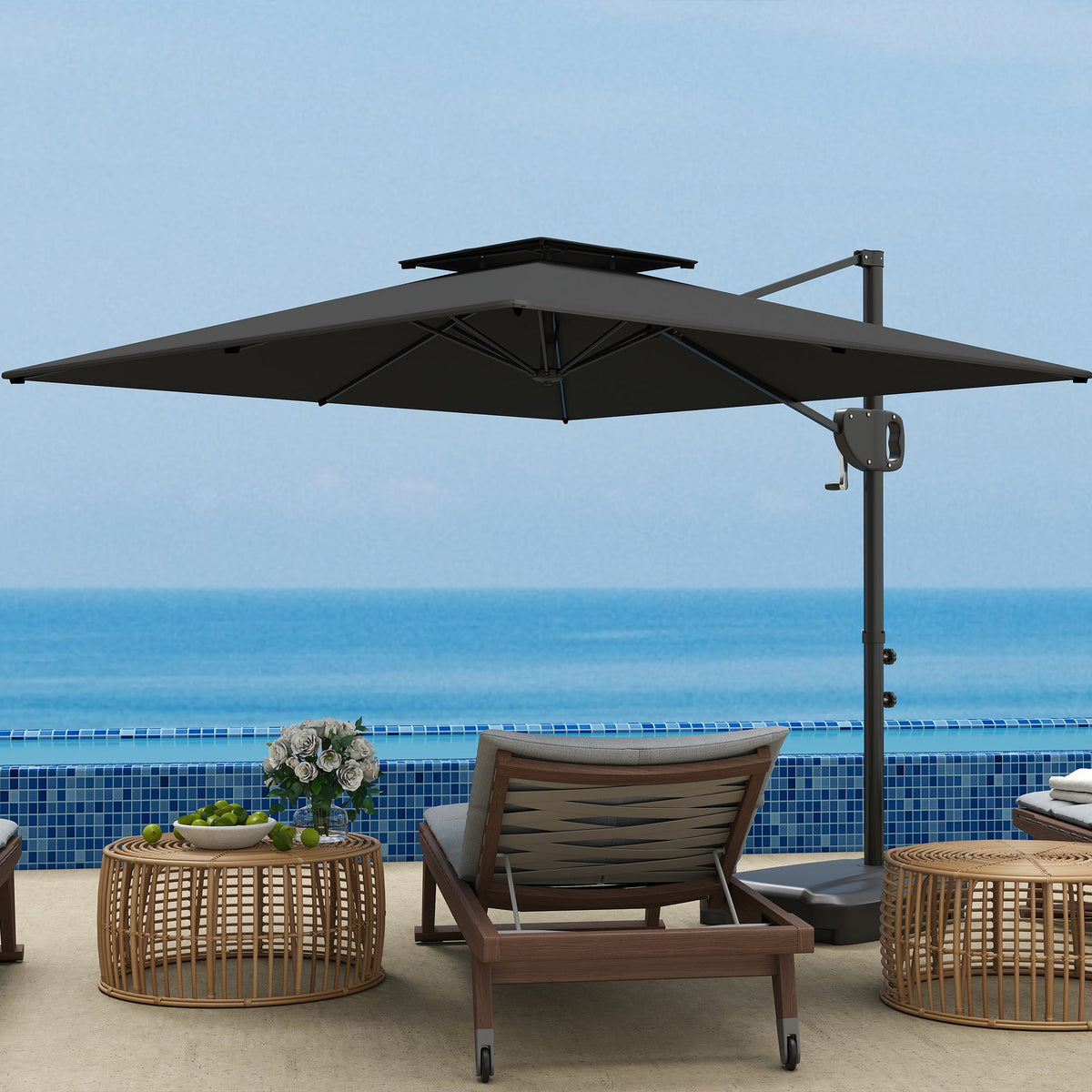 8' x 9' Square Cantilever Patio Umbrella with Fillable Base, Dark Grey