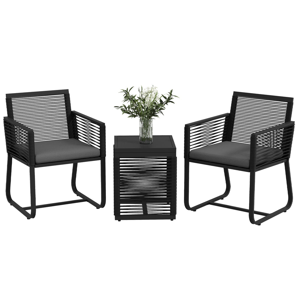 3 Piece Wicker Patio Furniture Set with Glass Top Table and Cushions, Black