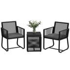 3 Piece Wicker Patio Furniture Set with Glass Top Table and Cushions, Black