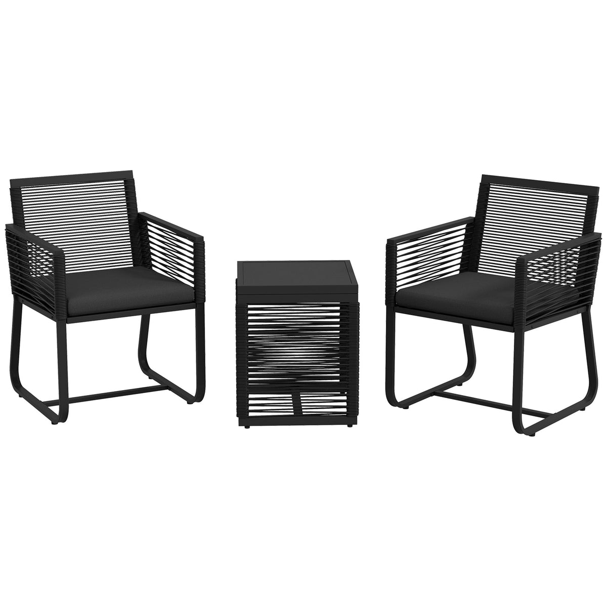 3 Piece Wicker Patio Furniture Set with Glass Top Table and Cushions, Black