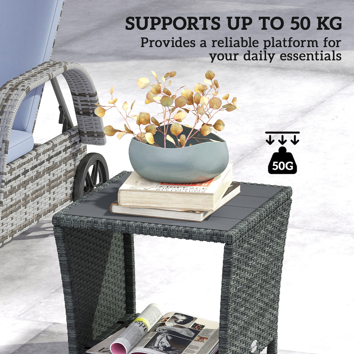 2-Tier PE Rattan Side Table with Storage Shelf, Grey