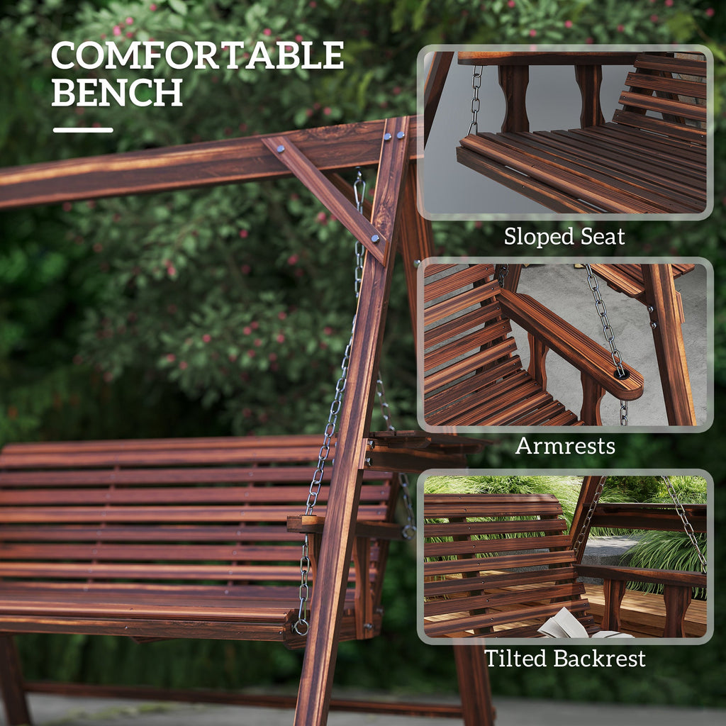 3 Seat Porch Swing with Stand and Side Tables, Carbonized Brown