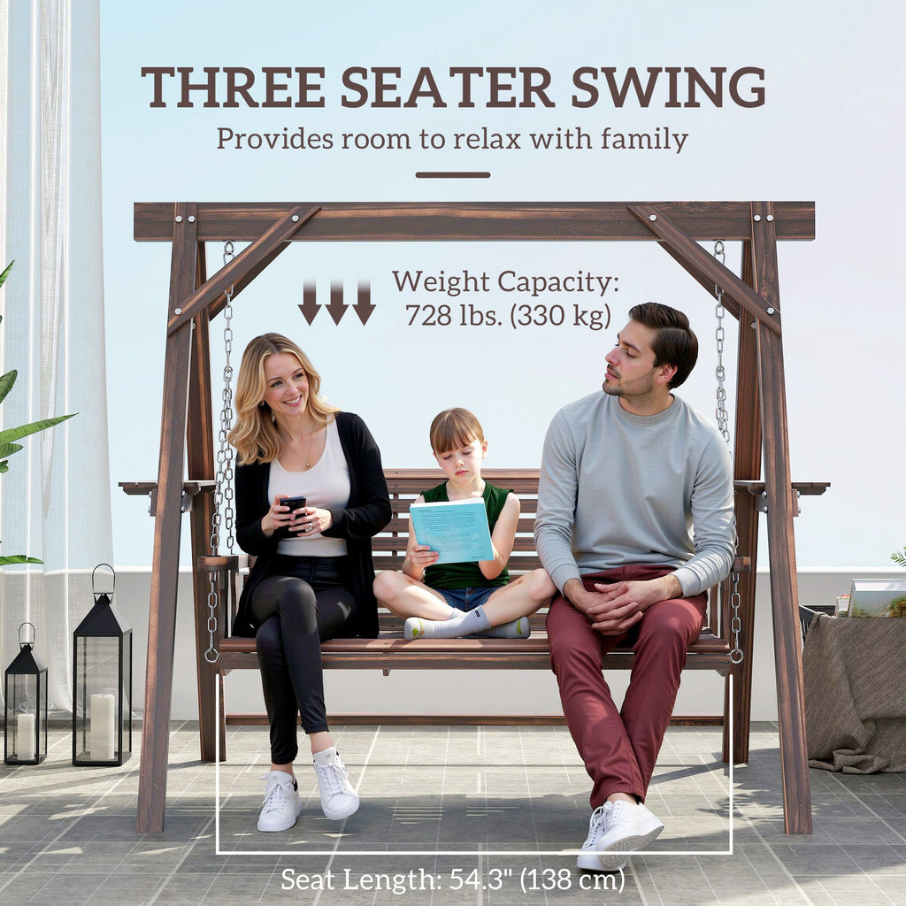 3 Seat Porch Swing with Stand and Side Tables, Carbonized Brown