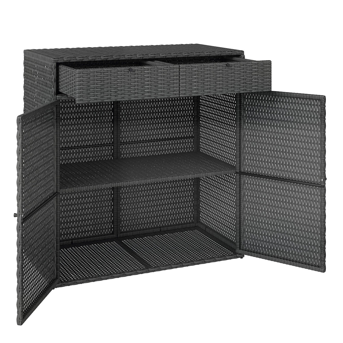 Wicker Outdoor Storage Cabinet with 2 Drawers and 2-Tier Shelves, Dark Grey