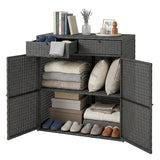 Wicker Outdoor Storage Cabinet with 2 Drawers and 2-Tier Shelves, Dark Grey
